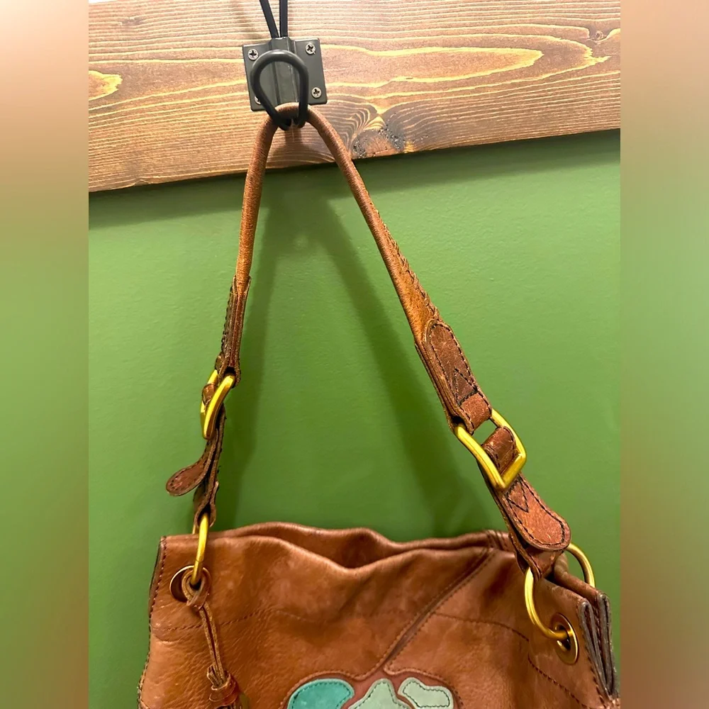 RARE Fossil Desi Flower Hobo Y2K Bag Genuine Leather Purse Key Fob Charm